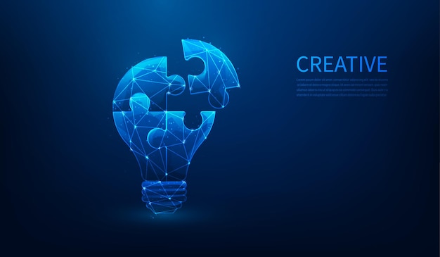 Vector lightbulb jigsaw puzzle low poly wireframe on blue background creative idea to success