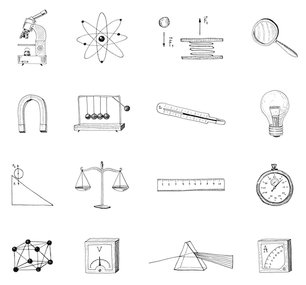 Lightbulb and prism crystal lattice and scale with magnifying glass engraved hand drawn in old sketch and vintage symbols Back to School Elements of Science or physics and laboratory experiments