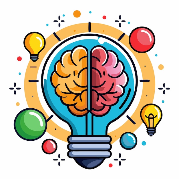 A lightbulb with a brain inside surrounded by colorful balls and lightbulbs represents the power of ideas and innovation