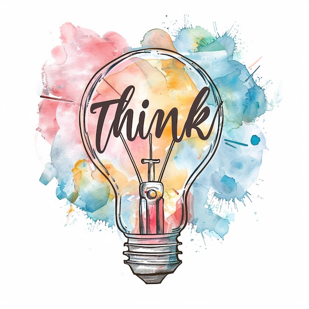 Lightbulb with the word think inside watercolor background