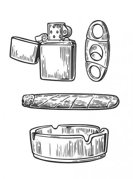 Lighter, cigar, ashtray,  guillotines for cigars engraving illustration