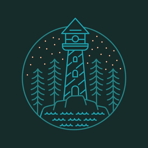 Lighthouse Building on the Beach Illuminates the Ocean at Night Illustration for Apparel Design