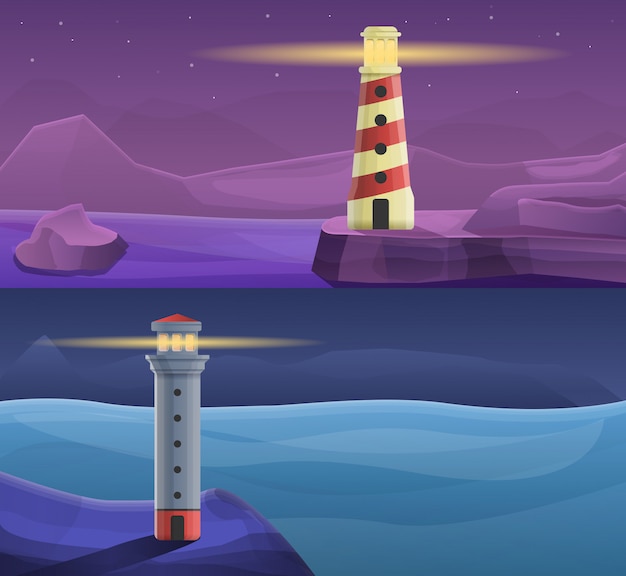 Lighthouse coast illustration set, cartoon style