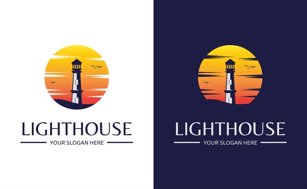 Lighthouse design logo template with sunset background