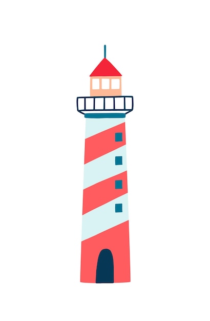 Lighthouse flat vector illustration. Cartoon navigational aid tower isolated on white background. Striped red, white and blue coloured building with lamps and lenses for ship navigation.