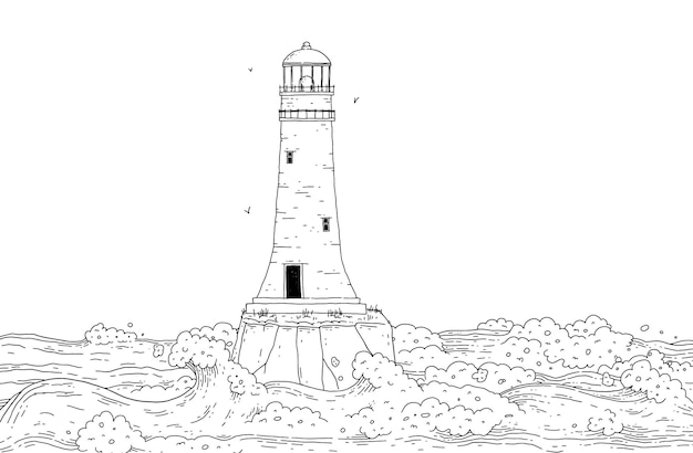 Lighthouse on island among stormy sea waves. Seascape with signal tower searchlight and water for banner design. Vector black white line doodle illustration.