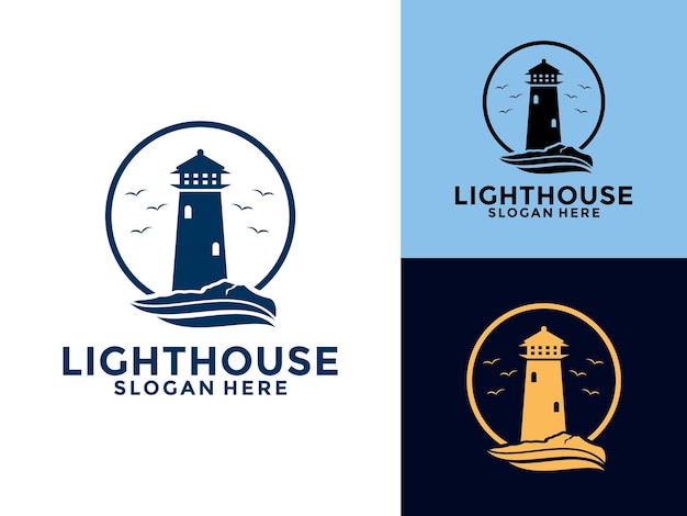 Lighthouse logo Harbor icon Light beacon symbol Maritime tower logo Vector illustration