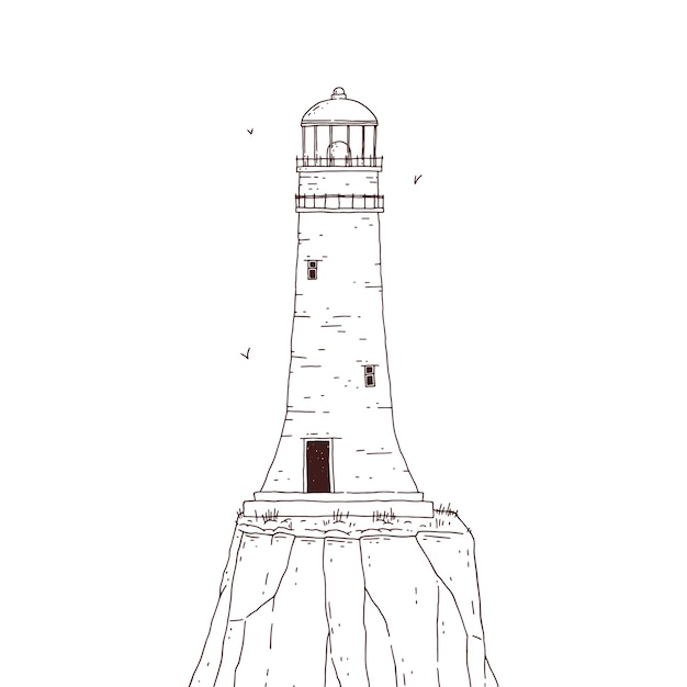 Lighthouse on the rock. Signal tower searchlight vector black white graphic line sketch isolated illustration.