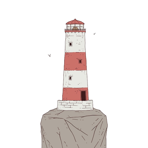 Lighthouse on the rock. Signal tower searchlight vector graphic line sketch isolated illustration.