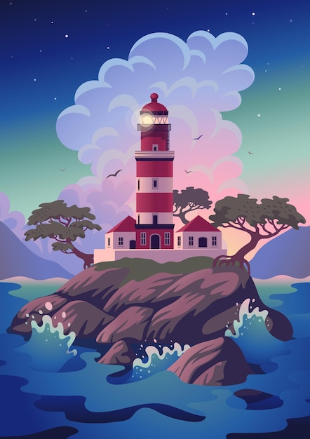 Lighthouse - Sea landscape with beacon on the cliff.