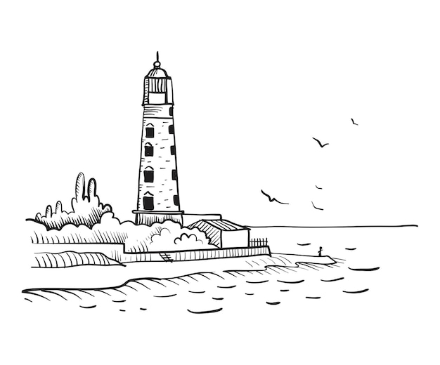 Lighthouse on the seashore contour sketch. Vector illustration.