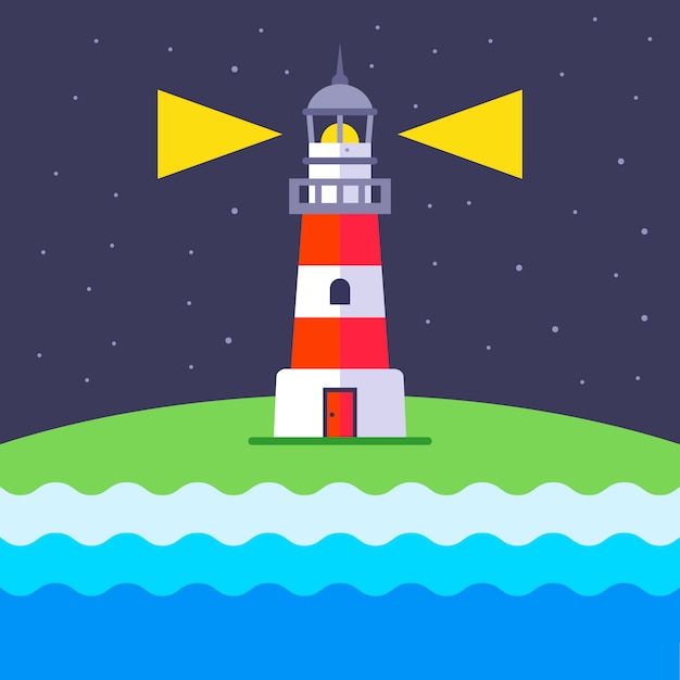 a lighthouse shines at night to guide ships. flat illustration.