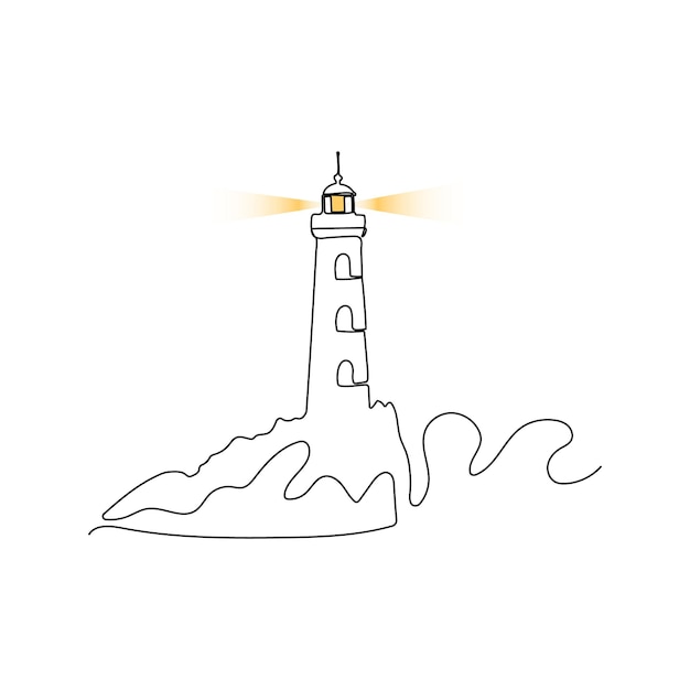 Lighthouse in stormy sea. Beacon in continuous line drawing style.