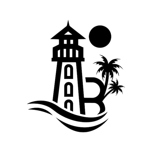 Lighthouse travel Beach house with B a palm tree logo vector template