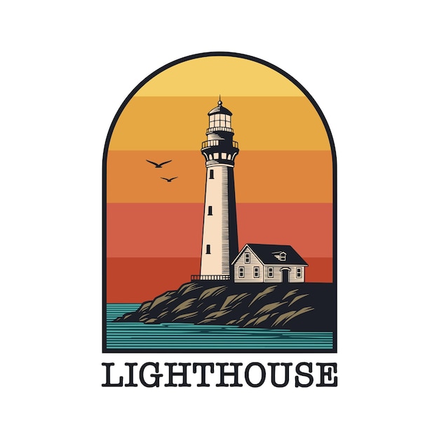 Lighthouse vintage logo illustration with sunset background