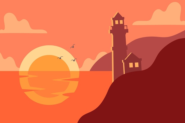 Lighthouse with the landscape background in silhouette premium vector suitable for multiple purpose