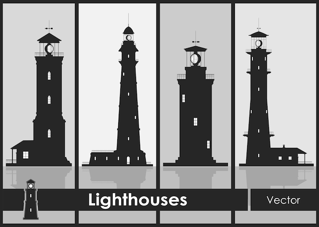 Lighthouses Set of silhouettes of large lighthouses over grey background