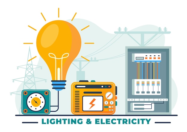 Vector lighting and electricity vector illustration with lamp and energy maintenance service panel cabinet