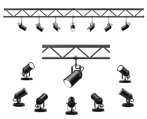 Vector lighting equipment set for an interview of a show contest or exhibition pavilion. floor spotlight and suspended projectors on a metal beam. set of lamps in spotlights at different viewing angles