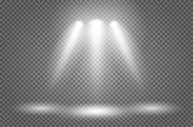 Lighting of the stage with three white beams of spotlights on a transparent background