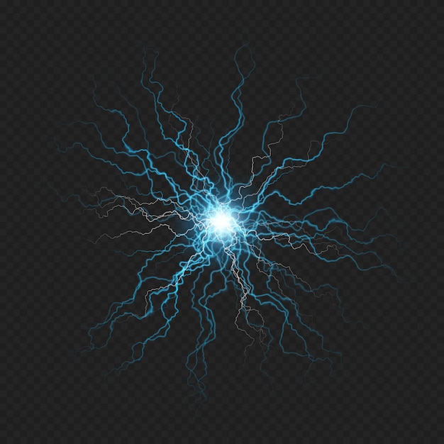 Vector lightning flash discharge of electricity on transparent background. blue electrical visual effect. 