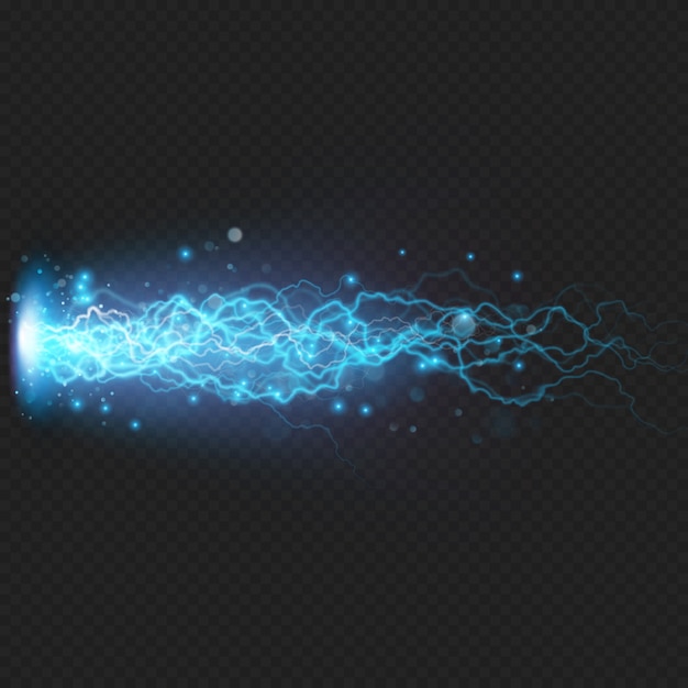 Vector lightning flash discharge of electricity on transparent background. blue electrical visual effect. 