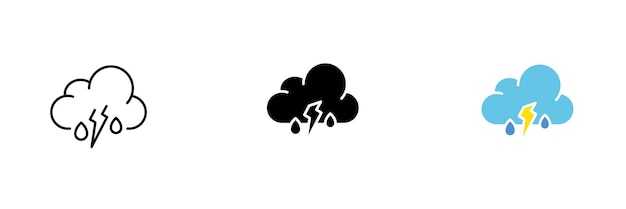 Lightning icon on the background of clouds Precipitation rain weather forecast television broadcast Vector set of icons in linear black and red styles isolated on a white background