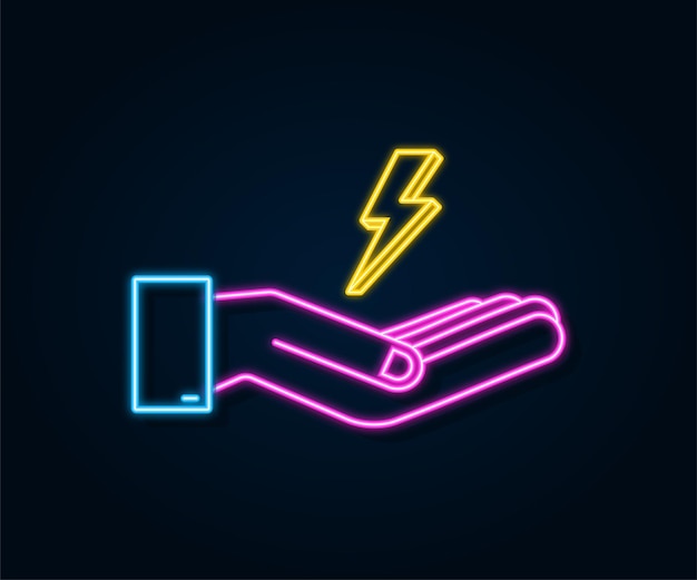 Lightning neon bolt in hands. Thunder bolt, lighting strike expertise. Vector illustration.