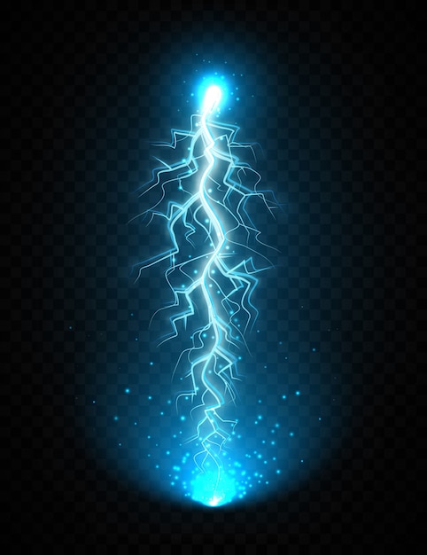 Lightning strike isolated on transparent background. Realistic electric thunderbolt with glowing sparkles. Lightning flash effect, electric discharge