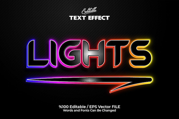 A 'Lights' text effect made on a black background colorful and fully customizable and editable with its font colors and neon style text