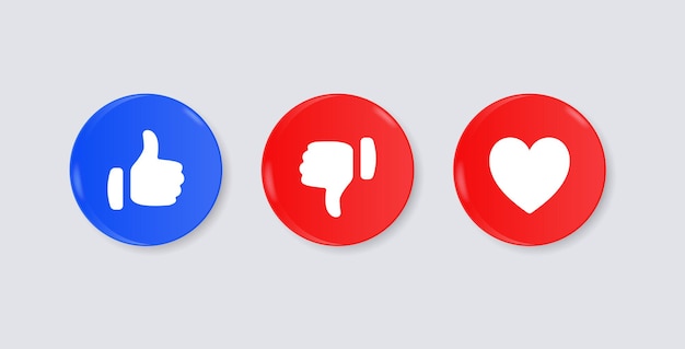 Like dislike love buttons or Thumb up down in modern 3d circle social media notification icons