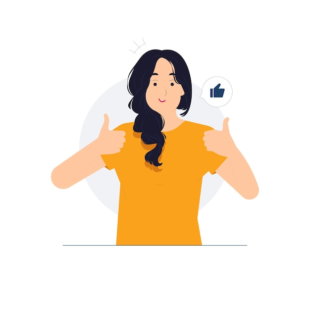 Vector like hand sign public approval ok feedback agree support joy happy woman approving showing thumbs up concept illustration