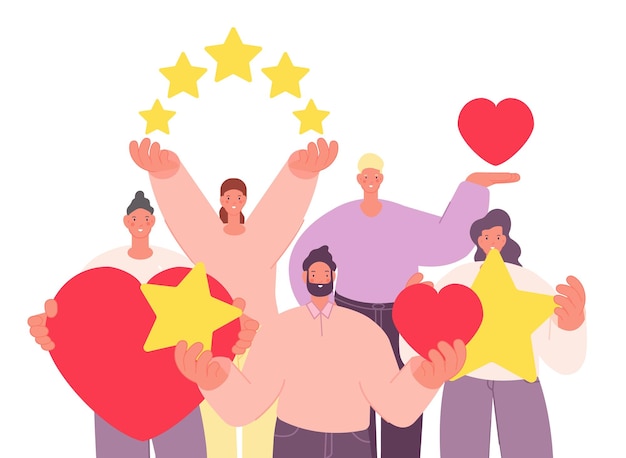 Likes and reviews Web emotional feedback repost or share High rating happy people crowd holding hearts and stars Positive emotional adults vector concept