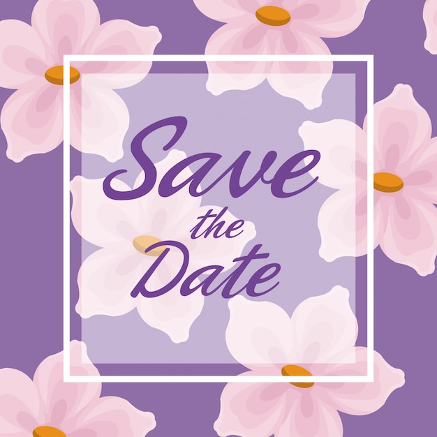 lilac card background with decorative flowers and square frame save the date text