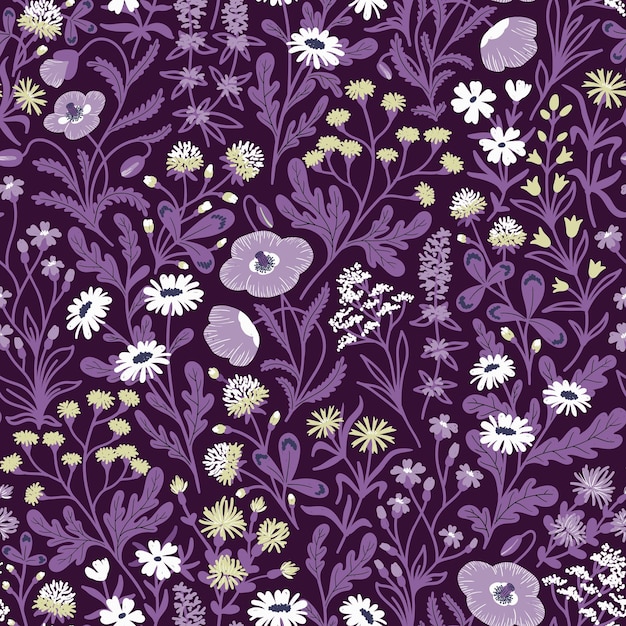 LILAC VECTOR SEAMLESS BACKGROUND WITH A VARIETY OF WILDFLOWERS