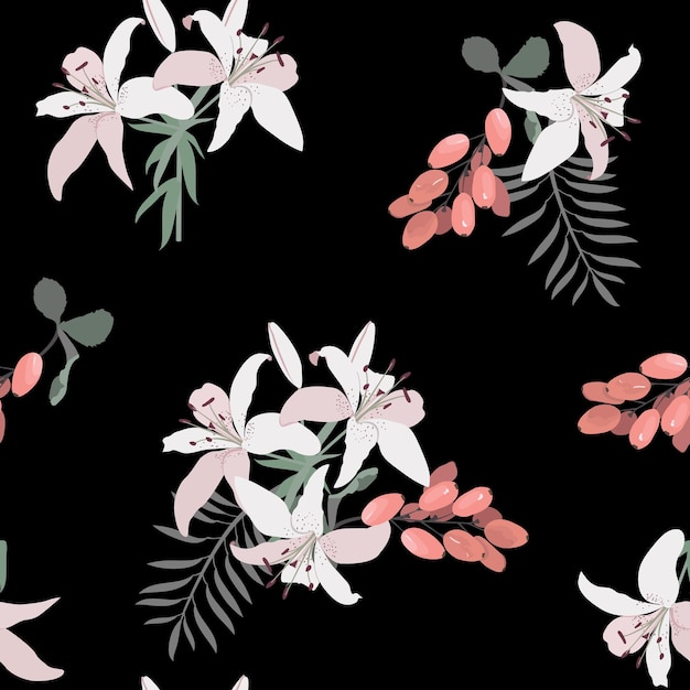 Lilies and barberry on a black background Seamless vector illustration