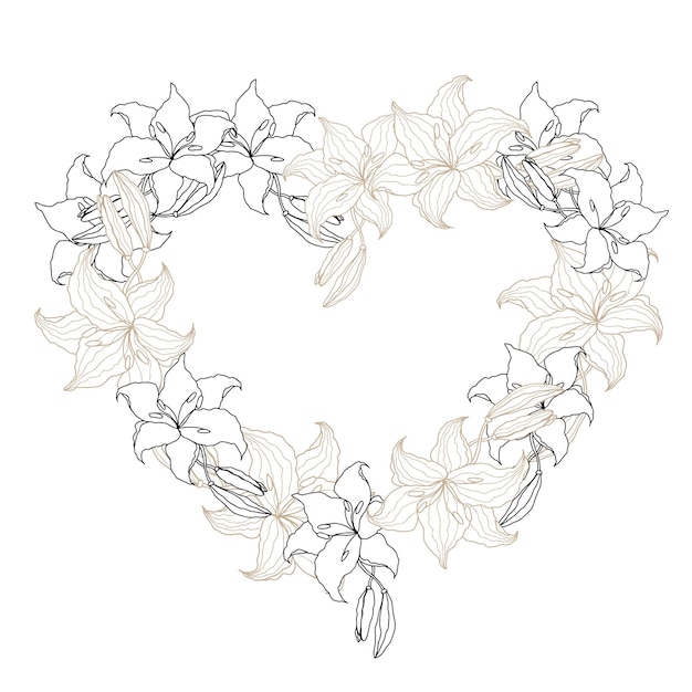 Vector lillie line art flower heart wreath for wedding card or invitations hand drawn vector illustration template