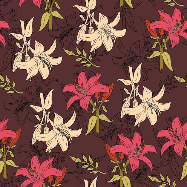 Lily floral botanical flowers Vector illustration set Seamless pattern background