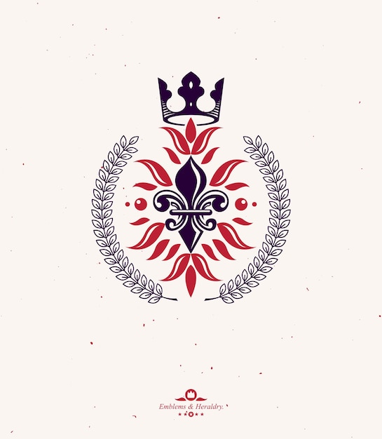 Lily Flower Royal emblem. Heraldic Coat of Arms isolated vector illustration created with decorative ribbon and imperial crown. Ecology and environment conservation business logo.