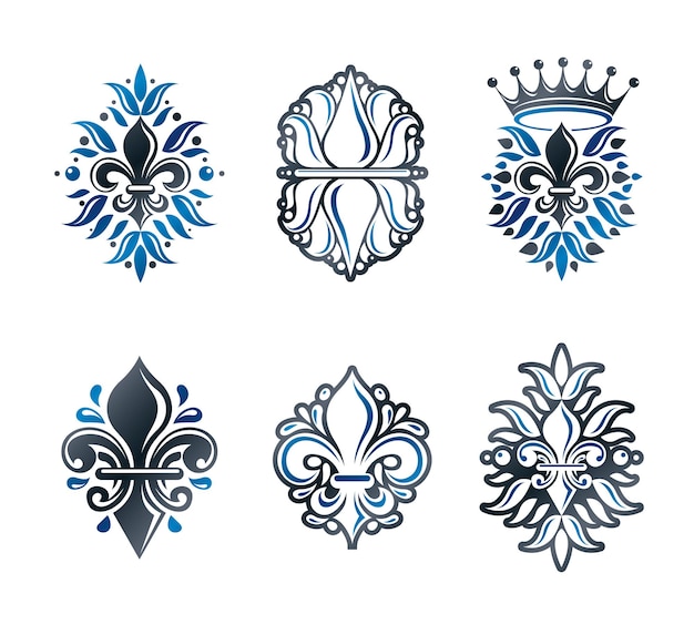 Lily Flowers Royal symbols, floral and crowns,  emblems set. Heraldic Coat of Arms decorative logos isolated vector illustrations collection.