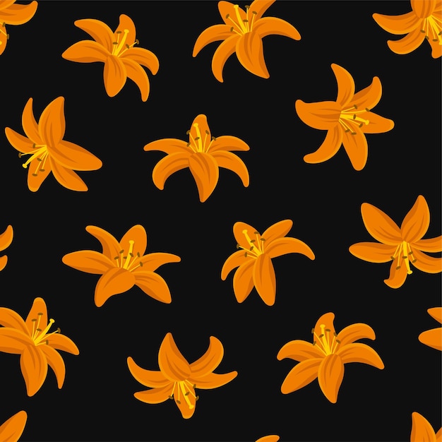 Lily Flowers Seamless Background. Orange Lilies Icons on Black Back. Vector