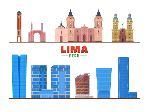 Lima Peru skyline landmarks in white background Vector Illustration Business travel and tourism concept with modern buildings Image for presentation banner web site