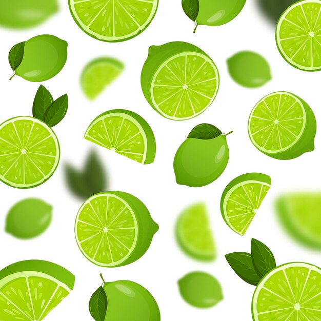 Vector lime background flying whole half and slices