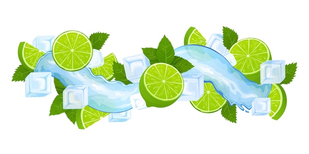 Vector lime fruit mint leaves ice cubes and splash 3d vector beverage explosion with citrus slices