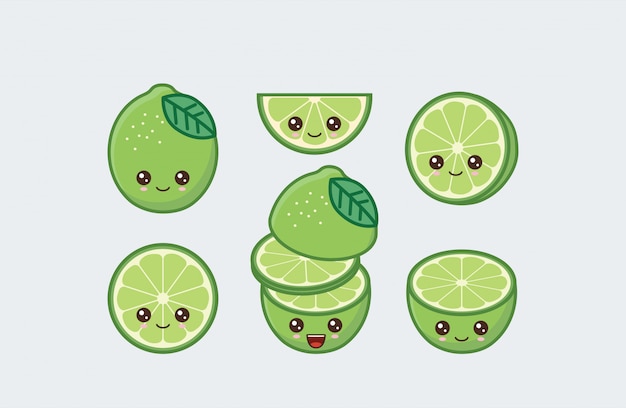 Vector lime set drawn cute kawaii food faces