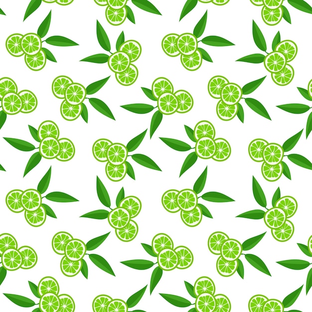 Lime with green leaves citrus slice on white background Seamless pattern tropical pattern