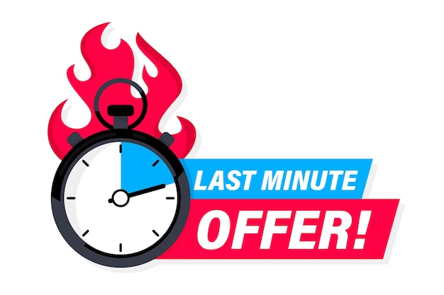 Limited offer with clock for promotion, banner, price. Super promo with countdown or exclusive deal. Last minute offer one day sales and timer. Last minute chance Auction tag