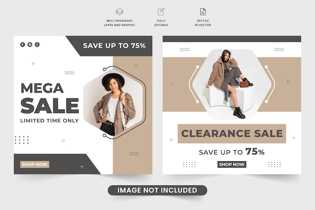 Limited time fashion store sale template vector for business promotion Mega sale social media post design with dark and khaki colors Special store discount poster template with photo placeholders