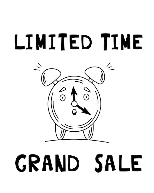 Limited Time Grand Sale Vector illustration of Discount Time with a cute surprised alarm clock