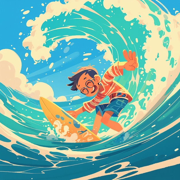 A Lincoln boy practices wave surfing in cartoon style